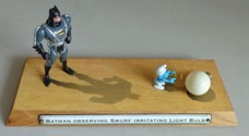 Batman observing Smurf irritating Lightbulb